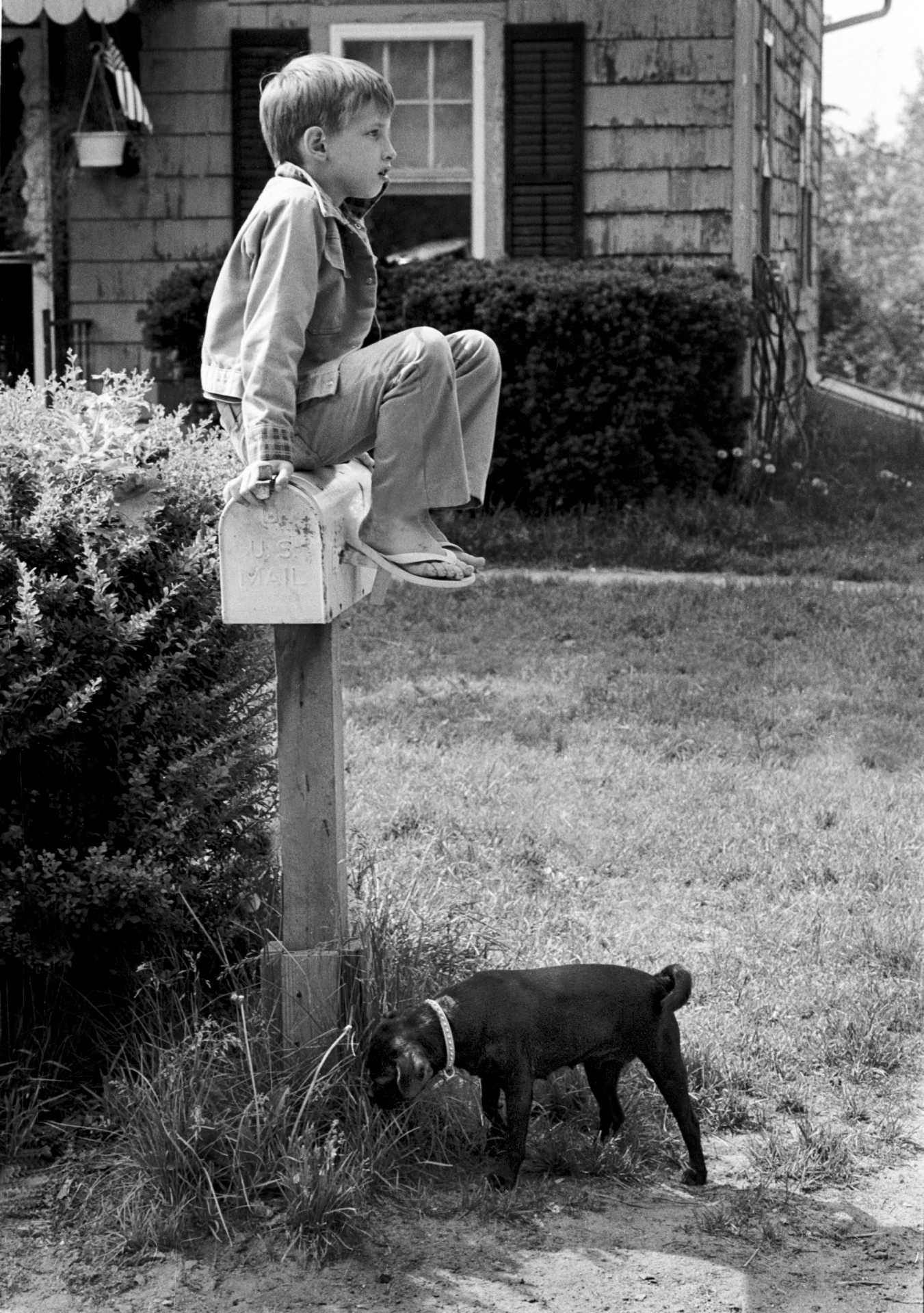 A little boy watches the cars pass by from his perch on a mailbox. 1970’s